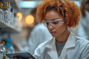 Poster - A scientist in a lab coat and goggles examines a tablet, possibly reviewing data or analyzing results