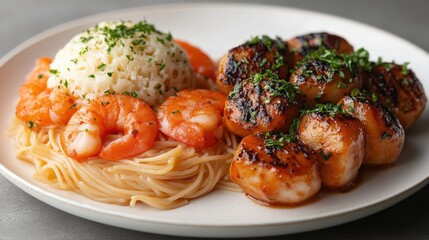 Canvas Print - Plate of grilled shrimp and scallops served with pasta and rice, garnished with herbs