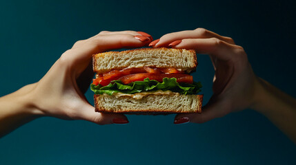 Poster - Fresh sandwich with lettuce, tomato, and mayonnaise held by hands on a blue background