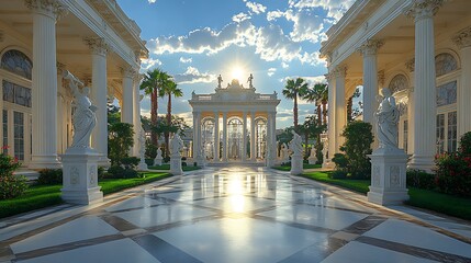 Wall Mural - Tranquil courtyard marble sculptures neoclassical charm high resolution image