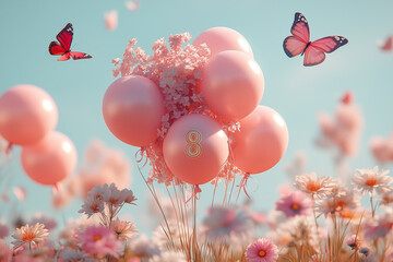 Soft pink balloons adorned with flowers and the number 