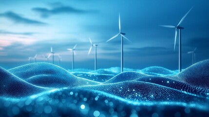Leinwandbilder - digital landscape with glowing blue waves and wind turbines symbolizing renewable energy, innovation, and sustainable technology advancement, Generative AI