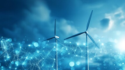 Leinwandbilder - digital landscape with glowing blue waves and wind turbines symbolizing renewable energy, innovation, and sustainable technology advancement, Generative AI