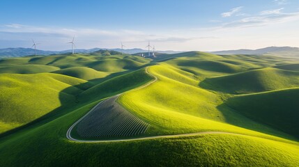 Aufkleber - Scenic rolling green hills with wind turbines under a clear blue sky, representing clean energy and sustainable environmental development, Generative AI