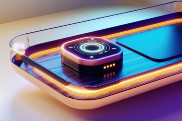 Aufkleber - Futuristic control device with neon lights on wooden tray, next to a tablet.