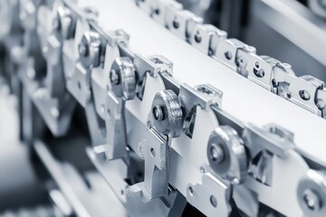 Poster - A close-up view of a conveyor belt moving products in a factory setting