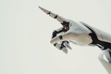 Poster - A metallic robotic arm extending upwards with fingers spread apart, possibly in a scene of technological advancement or futuristic exploration