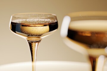Poster - Champagne bubbles rise in elegant coupe glasses, reflecting soft light.