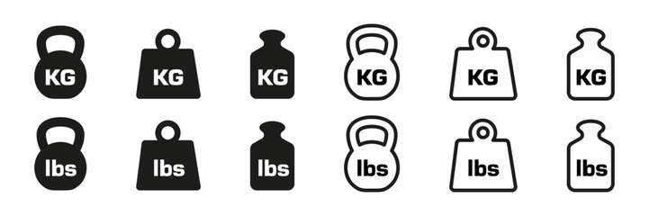 weight icon. weight mass vector set. dumbbell isolated sign. kg mass icon. lb pound sign. isolated w
