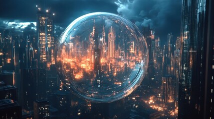 Poster - Futuristic cityscape with glowing skyscrapers and intricate infrastructure is seen through a large transparent sphere, creating a captivating contrast at night