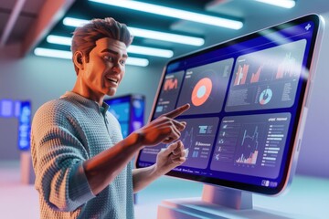 Aufkleber - A 3D animated man interacts with a large screen displaying various data charts and graphs, showcasing data analysis and visualization.
