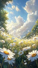 Wall Mural - Vibrant wildflowers bloom in a serene meadow surrounded by lush trees and a scenic sky at sunset