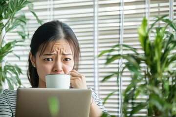 Poster - a woman sits at a table with a laptop and a cup of coffee, focused on her work