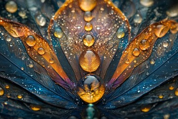 Wall Mural - Close-up view of colorful feather with droplets showcasing intricate textures and patterns