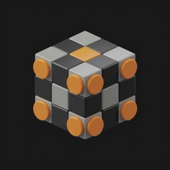 Aufkleber - A 3D cube with a checkered pattern  orange circles  and a contrasting orange square in the center.