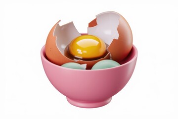 Poster - A pink bowl contains a broken egg with a visible yolk and two whole eggs.