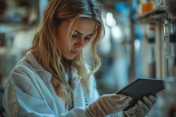 Poster - A woman in a lab coat looks at a tablet, likely reviewing data or conducting research