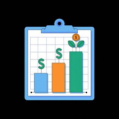 Poster - Clipboard with bar graph and plant symbolizing financial growth.