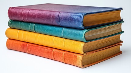 Wall Mural - Stacked colorful vintage books on a white background, showcasing their spines and textures