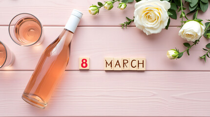 March 8. Happy International Women's Day! Wooden calendar, white rose, flowers, bottle of rose wine and two glasses on soft light pink wooden table, top view, free space, selective focus.