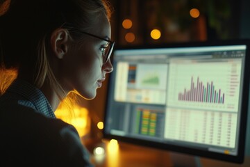 Poster - a woman sits in front of a computer monitor, focused on her work