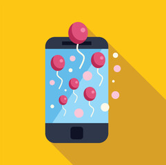 Poster - pink balloons floating on a smartphone screen against a vibrant yellow backdrop, creating a festive 