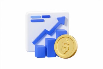 Aufkleber - 3D render of upward trending graph with a gold coin, symbolizing financial growth and success.