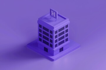 Poster - A simple 3D model of a purple building with a H on top  representing a hotel.