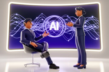 Aufkleber - Two businesspeople discuss AI, visualized with a futuristic screen displaying AI and abstract data waves.