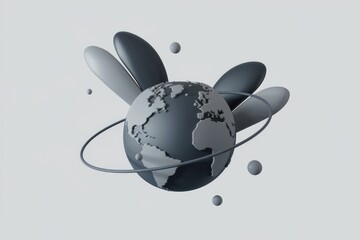 Poster - Stylized 3D rendering of Earth encircled by orbiting elements, showcasing a minimalist design aesthetic.