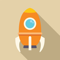 Poster - cartoon orange rocket ship flying through space, representing space exploration and innovation