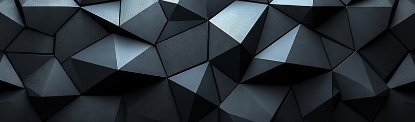 Poster - a 3d render with an abstract black crystal background, showcasing faceted texture in a macro panoram