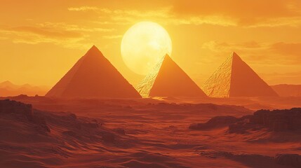 A breathtaking desert landscape featuring four iconic pyramids silhouetted against a golden sunset.