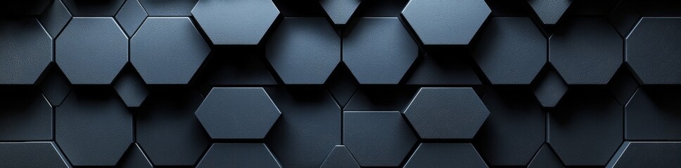 Poster - 3D RenderingHexagon-shaped design on a dark backdrop featuring a black honeycomb abstract metal grid pattern technology wallpaper