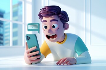 Poster - Excited cartoon boy checking messages on his smartphone, joyful expression.