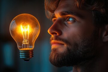 Wall Mural - a person inspecting a lit light bulb in a dark environment