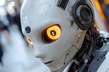 Poster - A detailed view of a robot's face with bright, shining eyes