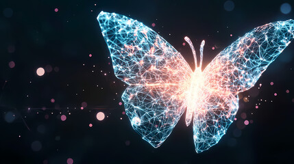 a colorful glowing geometric butterfly on a dark background.