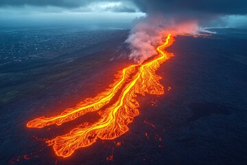 Canvas Print - Aerial view of incandescent lava flow.