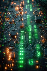 Poster - close-up view of a circuit board with green indicator lights, suitable for technology and electronic