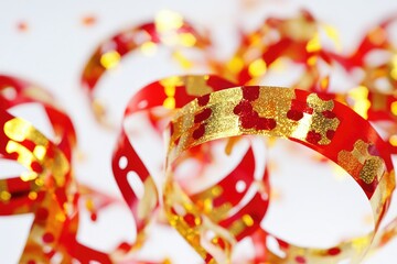 Sticker - A bundle of vibrant red and gold streamers placed on a clean white surface