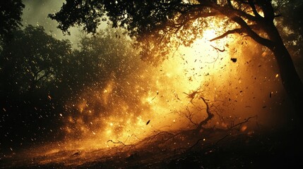 Wall Mural - Fiery forest fire, embers raining down.