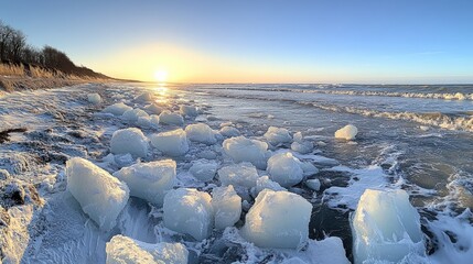 Sticker - Sunset beach, icy chunks, winter waves.