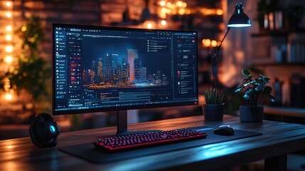 Poster - A computer monitor placed on a wooden desk, suitable for office or home use