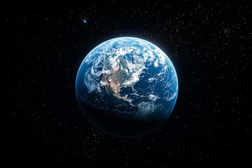 Wall Mural - in the void of deep space, earth stands out, surrounded by a blue nebula and a radiant sun. the sett
