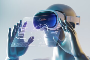 Poster - A futuristic humanoid interacts with a transparent holographic interface through a VR headset, showcasing advanced technology.