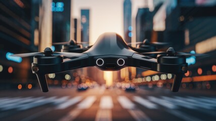 Poster - A sleek black drone flies over a bustling city street at sunset, showcasing futuristic technology.