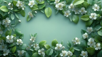 Wall Mural - Lush floral arrangement with green leaves and white blossoms framing a serene background