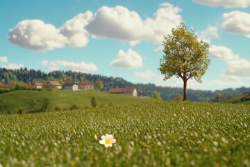 Wall Mural - A single flower grows in an open field with a tree standing tall in the background