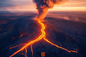 Canvas Print - Aerial view of glowing lava flow at sunset.